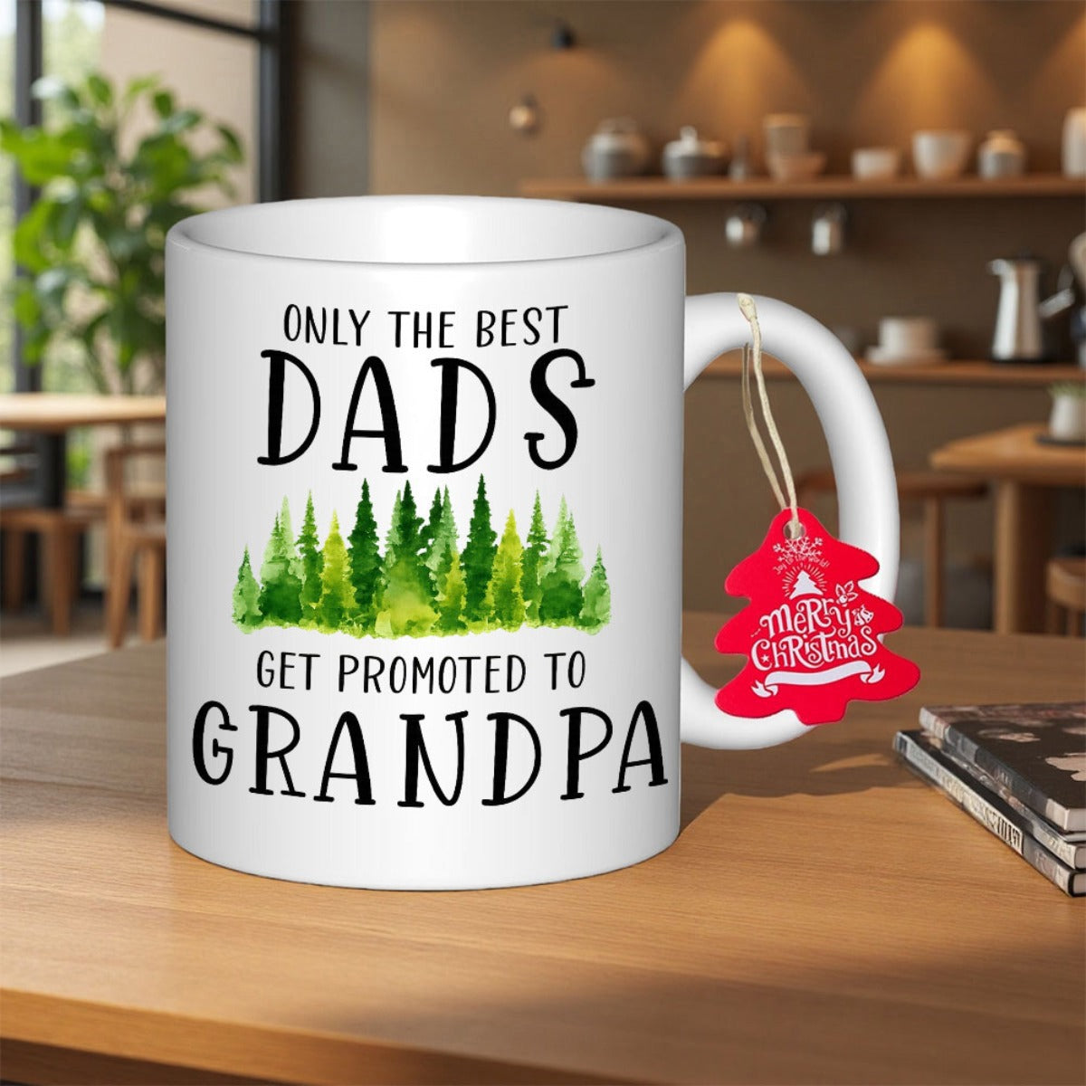 Tailorly White Ceramic 11 oz Mug - Only The Best Dads Get Promoted To Grandpa Lush Green Watercolor Pine Trees Standing In A Quiet Row Forest