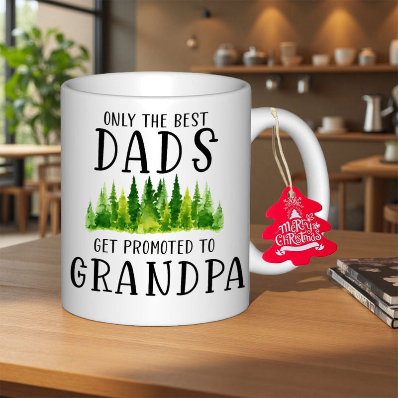 Tailorly White Ceramic 11 oz Mug - Only The Best Dads Get Promoted To Grandpa Lush Green Watercolor Pine Trees Standing In A Quiet Row Forest