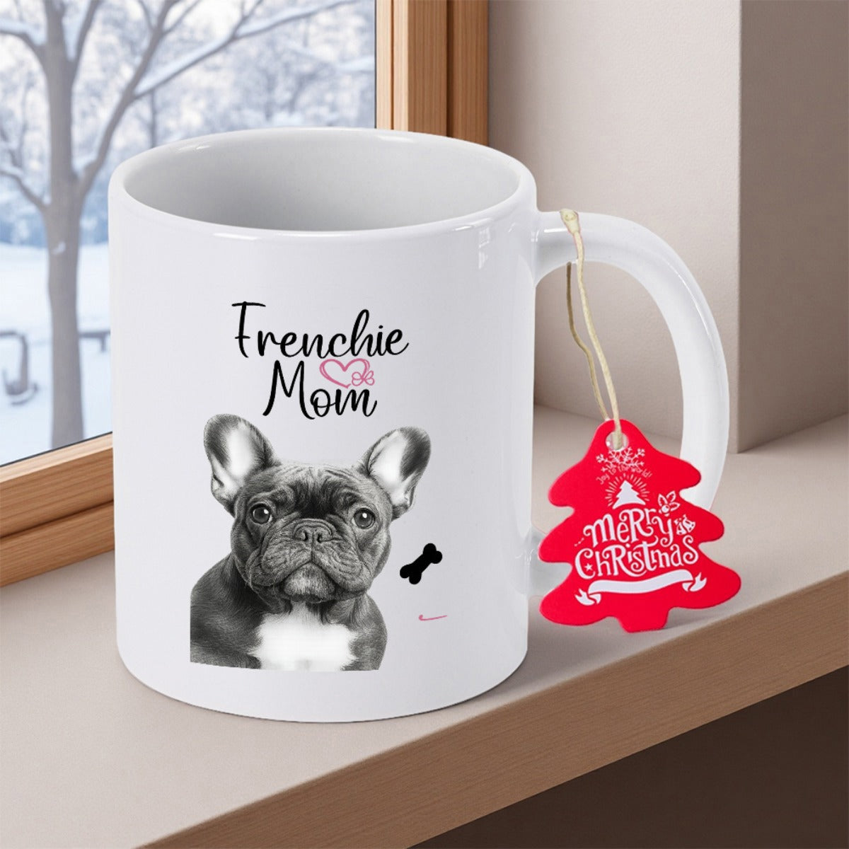 Tailorly White Ceramic 11 oz Mug - Frenchie Mom Sweet Hand Drawn Canine Illustration Sitting Calmly French Bulldog