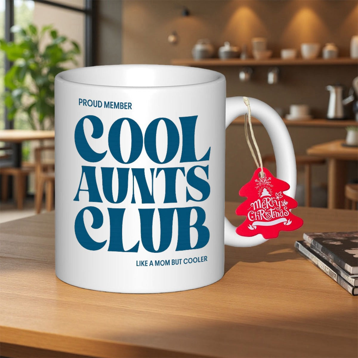 Tailorly White Ceramic 11 oz Mug - Proud Member Cool Aunts Club Like A Mom But Cooler Merry Christmas Sleek White Ceramic Vessel With Festive Red Tree Shaped Gift