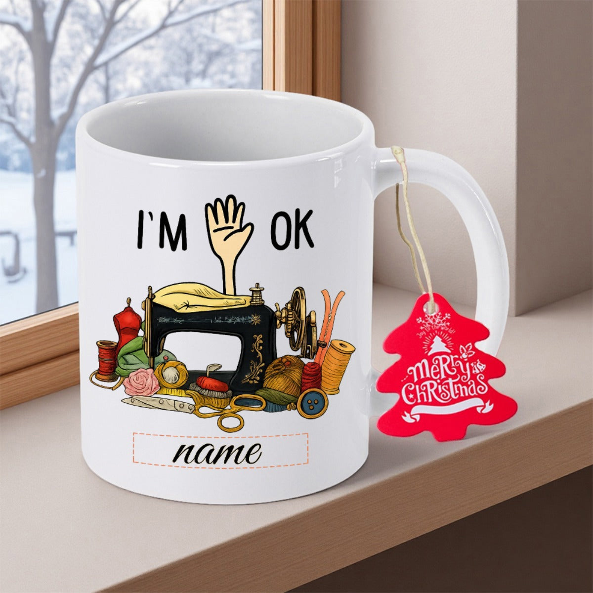 Tailorly White Ceramic 11 oz Mug - I'M OK Vintage Tailoring Supplies With A Waving Human Hand Sewing Machine