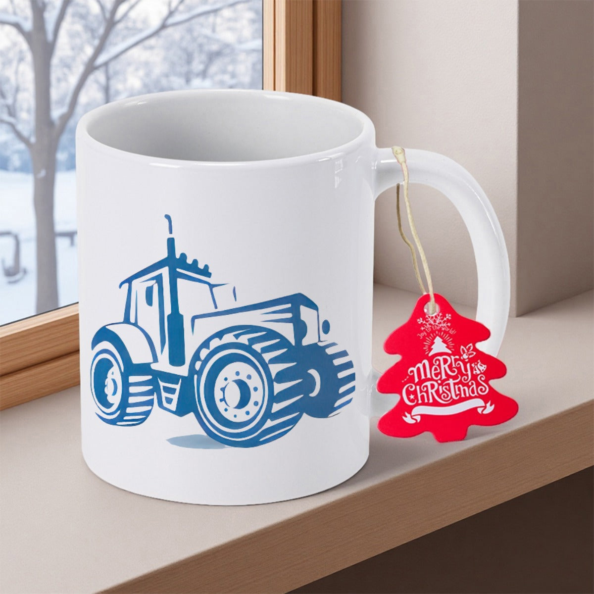 Tailorly White Ceramic 11 oz Mug - Merry Christmas Stylized Blue Heavy Duty Farming Machinery Parked On Clean White Surface Tractor
