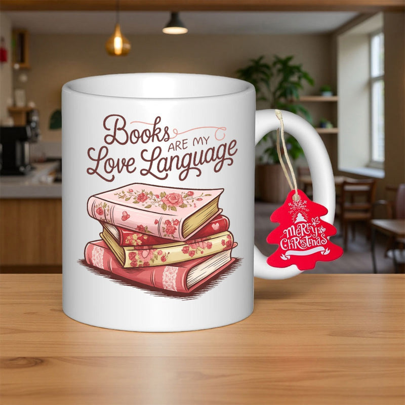 Tailorly White Ceramic 11 oz Mug - Books Are My Love Language Vintage Style Stacked Hardcover Volumes Decorated With Delicate Floral Patterns Books