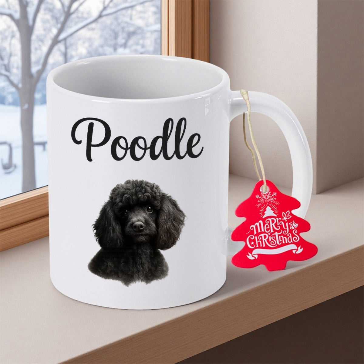Tailorly White Ceramic 11 oz Mug - Poodle Realistic Black Furry Dog Portrait Under Soft Elegant Lighting Poodle