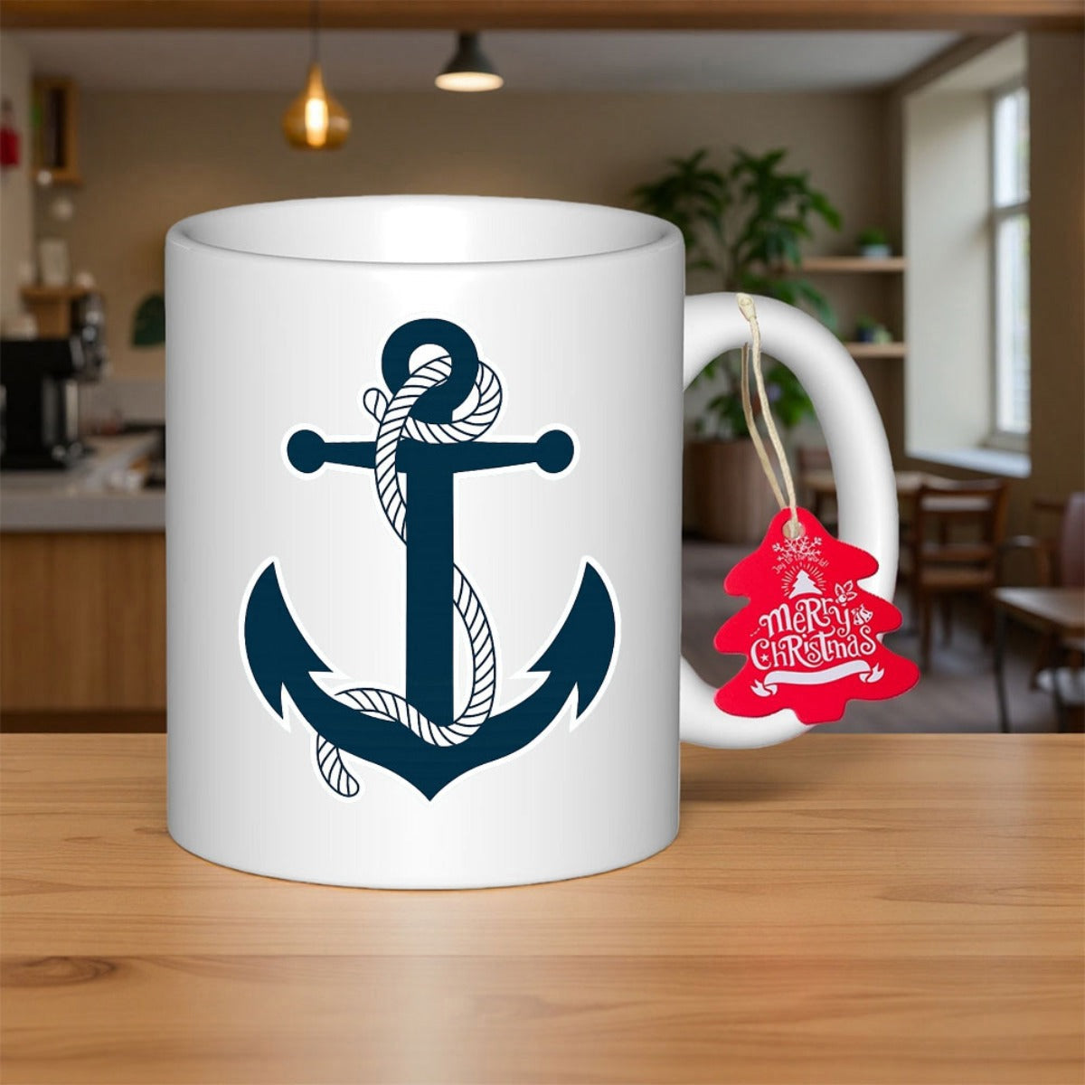 Tailorly White Ceramic 11 oz Mug - Merry Christmas Vintage Navy Nautical Symbol Wrapped In Detailed Braided Anchor