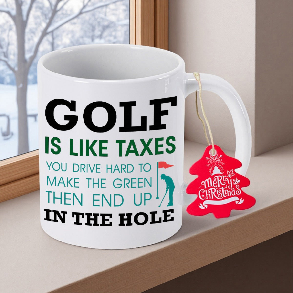 Tailorly White Ceramic 11 oz Mug - Golf Is Like Taxes You Drive Hard To Make The Green Then End Up In The Hole Minimalist Silhouette Of A Professional Golfer