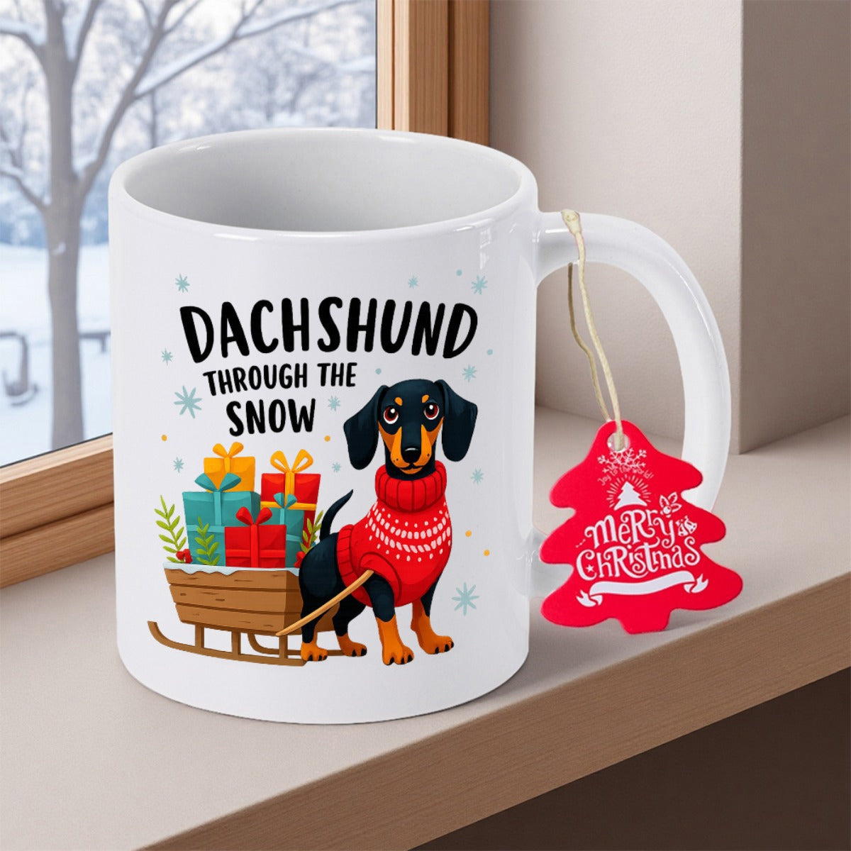 Tailorly White Ceramic 11 oz Mug - Dachshund Through The Snow Festive Little Dog Wearing Knitted Red Sweater Next To Presents Sled Dachshund