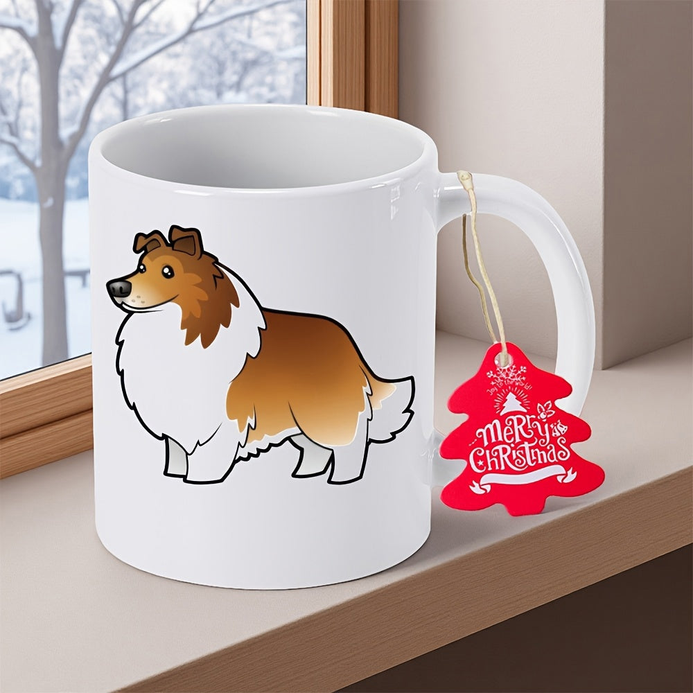 Tailorly White Ceramic 11 oz Mug - Merry Christmas Fluffy Long Haired Shepherd Dog Standing In A Winter Setting Collie
