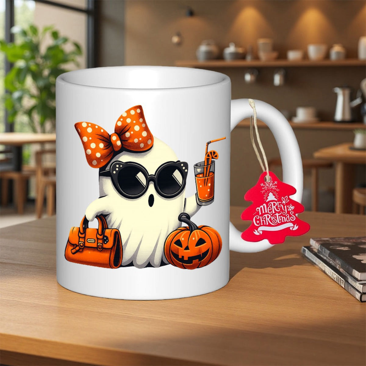 Tailorly White Ceramic 11 oz Mug - Merry Christmas Fashionable Spooky Character With Polka Dot Bow And Sunglasses Carrying Autumn Accessories Ghost