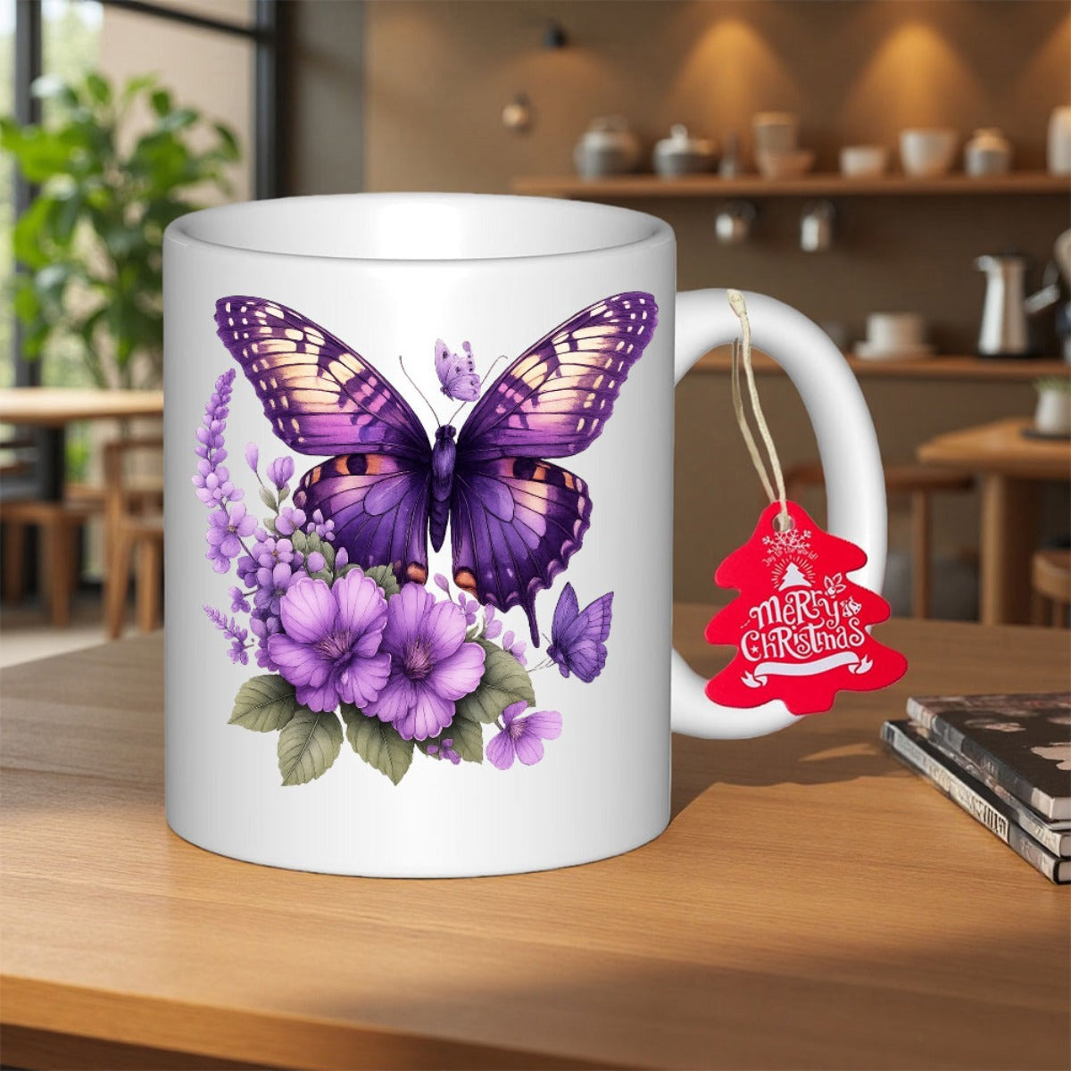 Tailorly White Ceramic 11 oz Mug - Merry Christmas Elegant Vibrant Purple Wings Among Blooming Springtime Floral Petals Butterfly