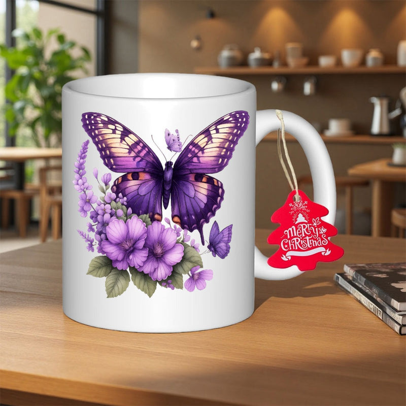 Tailorly White Ceramic 11 oz Mug - Merry Christmas Elegant Vibrant Purple Wings Among Blooming Springtime Floral Petals Butterfly