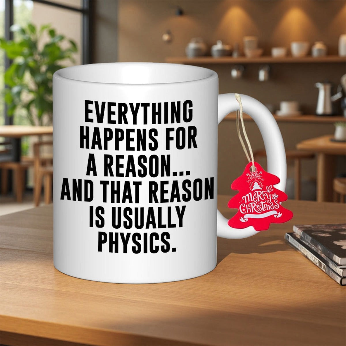 Tailorly White Ceramic 11 oz Mug - Everything Happens For A Reason And That Reason Is Usually Physics Simple Resting On A Warm Wooden Table Mug