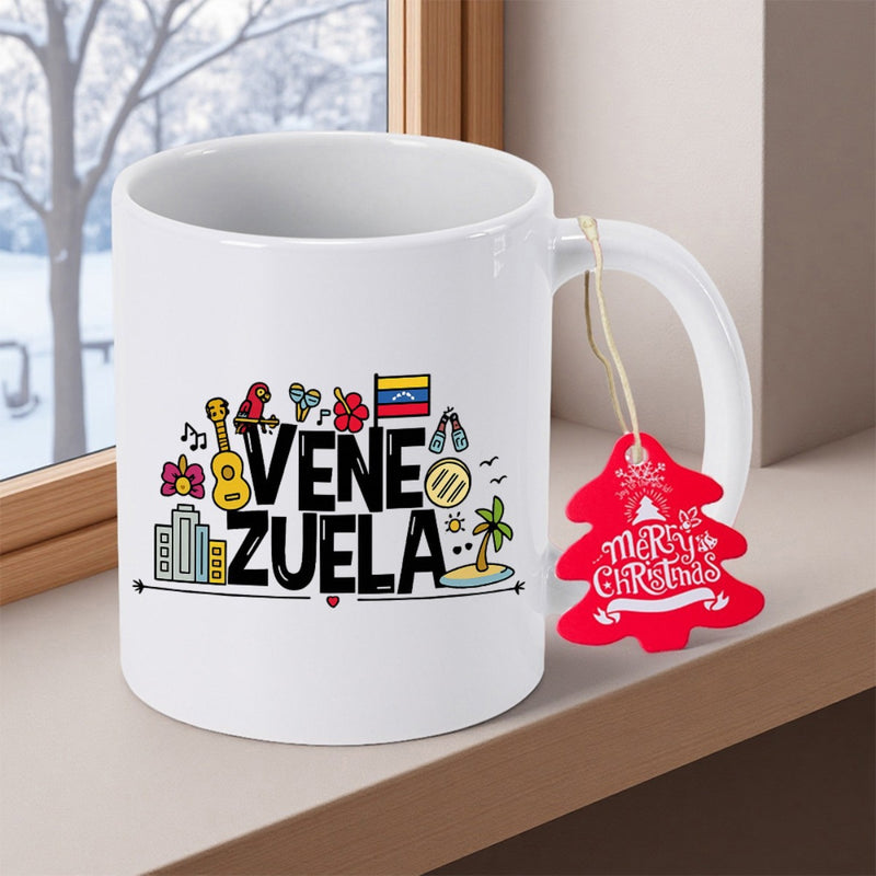Tailorly White Ceramic 11 oz Mug - Venezuela Vibrant Colorful Cultural Icons Featuring National Flag And Tropical Palm Tree Graphic