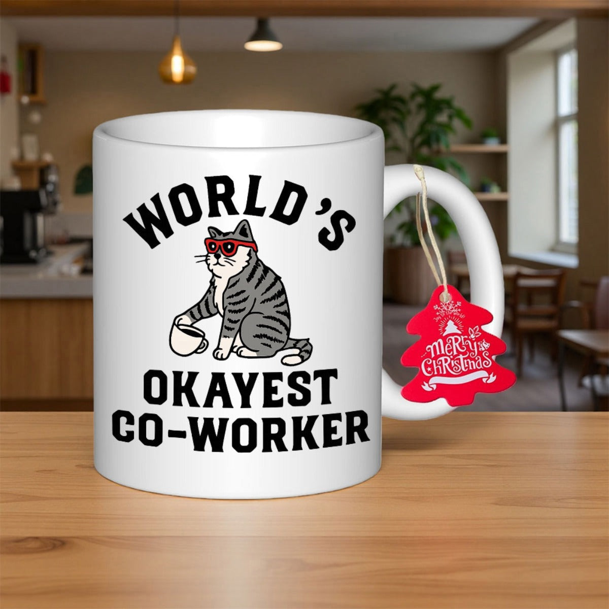 Tailorly White Ceramic 11 oz Mug - Worlds Okayest Co Worker Funny Striped Tabby Wearing Cool Red Sunglasses Holding Coffee Cat