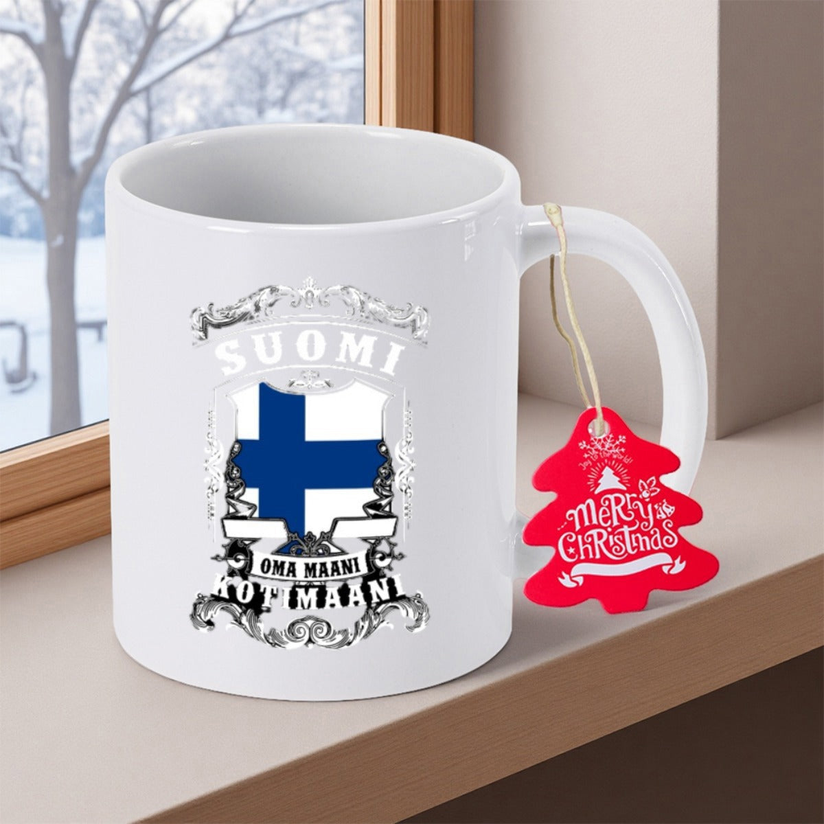 Tailorly White Ceramic 11 oz Mug - Merry Christmas Finnish Flag Inside Ornate Decorative Crest With Vintage Scrolls Shield