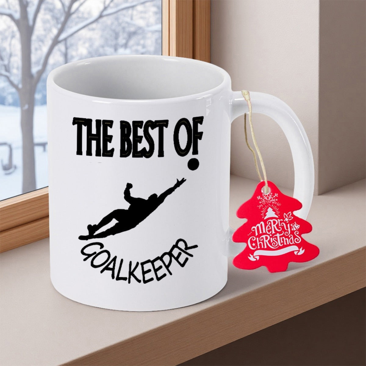 Tailorly White Ceramic 11 oz Mug - The Best Of Goalkeeper Athletic Soccer Silhouette Diving To Save A Flying Ball Goalkeeper