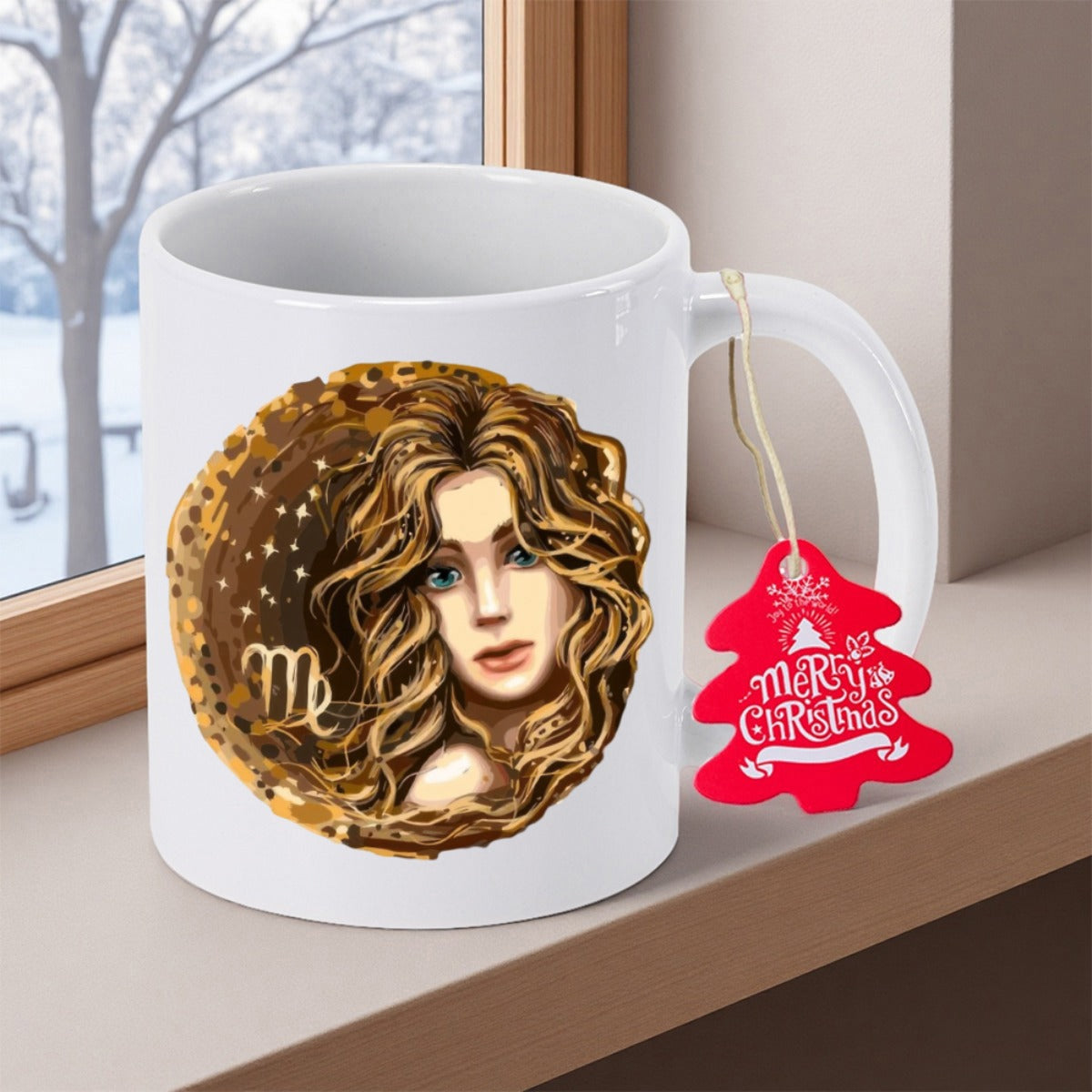 Tailorly White Ceramic 11 oz Mug - Merry Christmas Elegant Woman With Golden Wavy Hair And Celestial Virgo Sign Mug