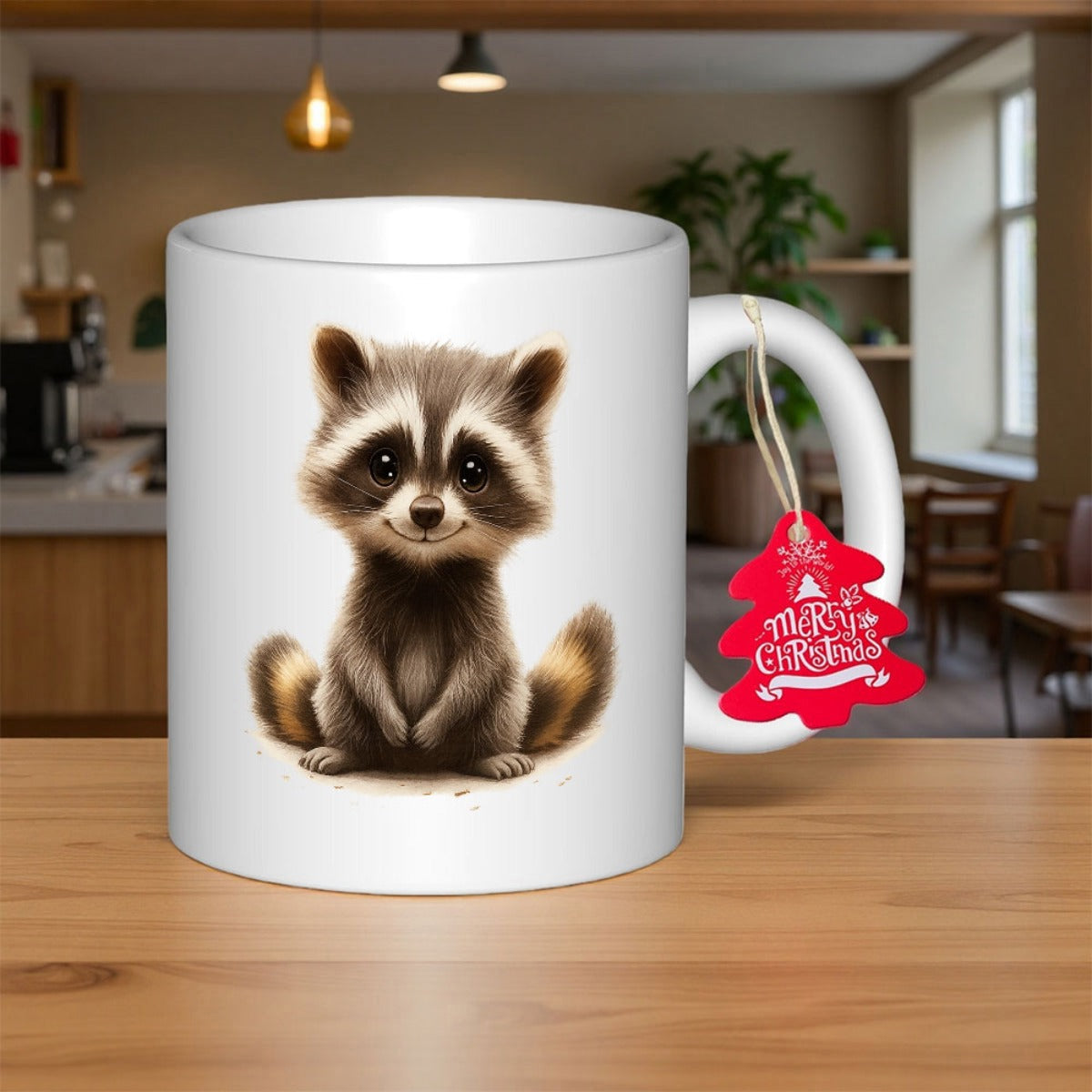 Tailorly White Ceramic 11 oz Mug - Merry Christmas Adorable Sitting With Soft Fur And Bushy Tail Raccoon