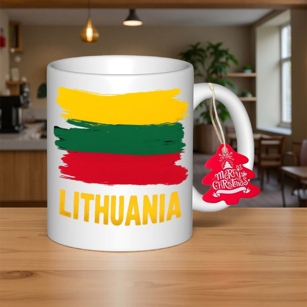 Tailorly White Ceramic 11 oz Mug - Lithuania Colorful Brushstrokes Featuring National Flag Colors Of Yellow Green And Red Flag