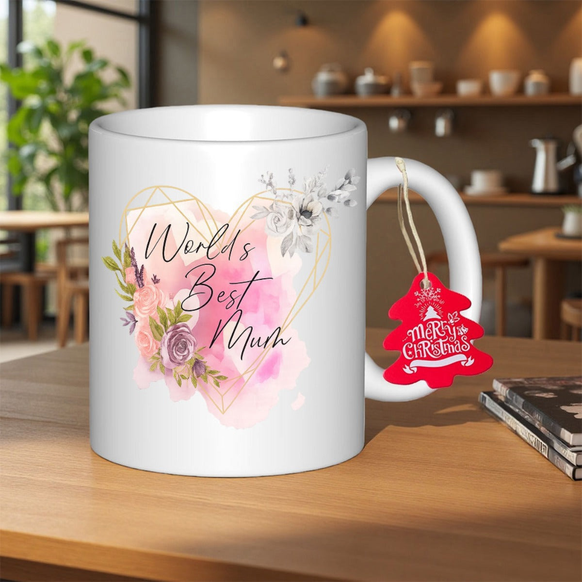 Tailorly White Ceramic 11 oz Mug - Worlds Best Mum Pink Watercolor Splashes With Golden Geometric Heart And Blooming Floral Roses Heart