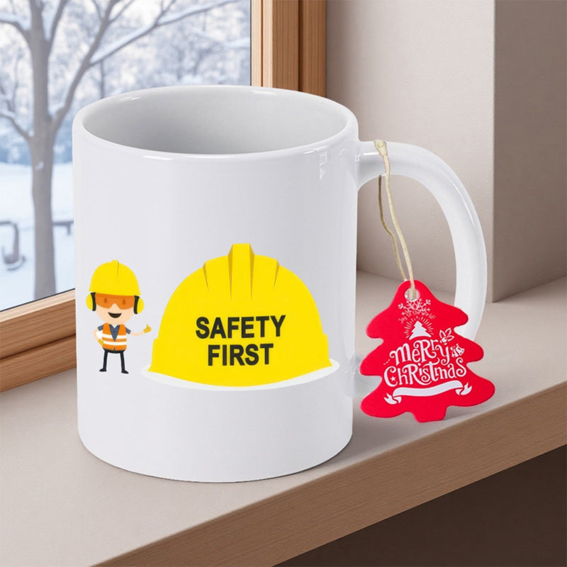 Tailorly White Ceramic 11 oz Mug - Safety First Bright Yellow Protective Hard Hat Standing Beside A Cartoon Construction Worker Helmet