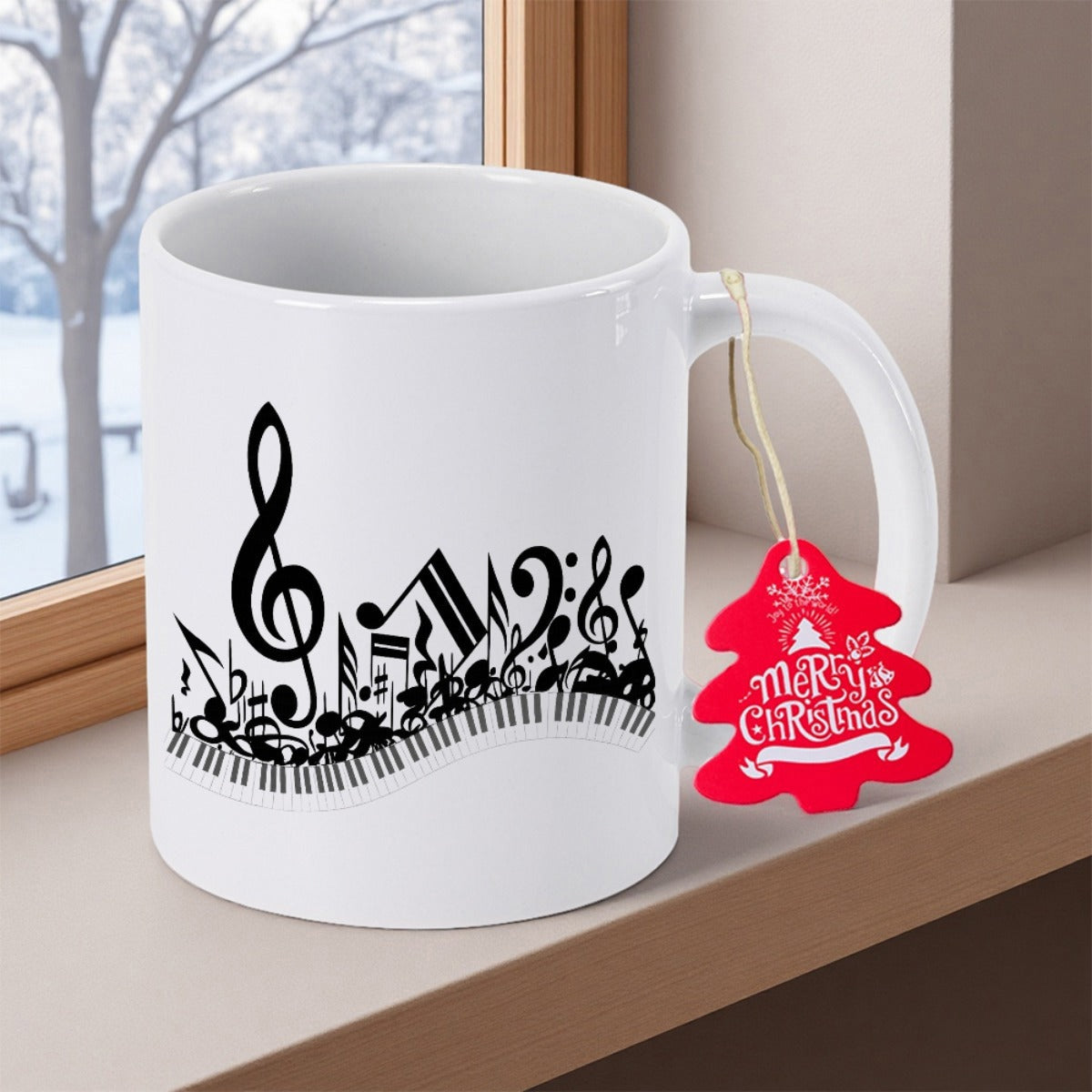 Tailorly White Ceramic 11 oz Mug - Merry Christmas Artistic Black Musical Notes Flowing Over Curving Monochrome Elegant Keyboard