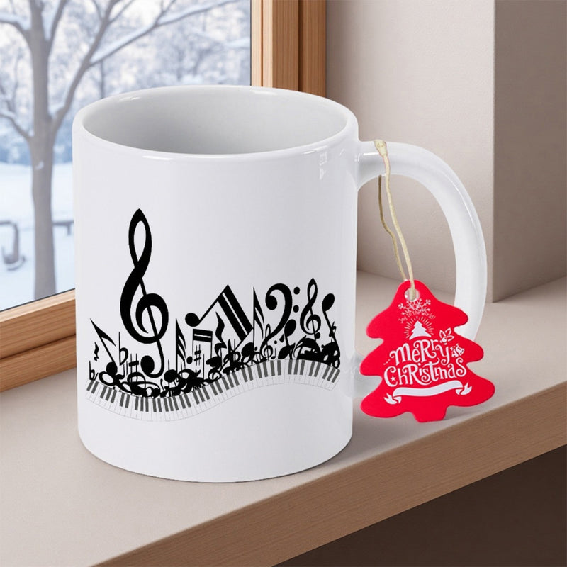Tailorly White Ceramic 11 oz Mug - Merry Christmas Artistic Black Musical Notes Flowing Over Curving Monochrome Elegant Keyboard