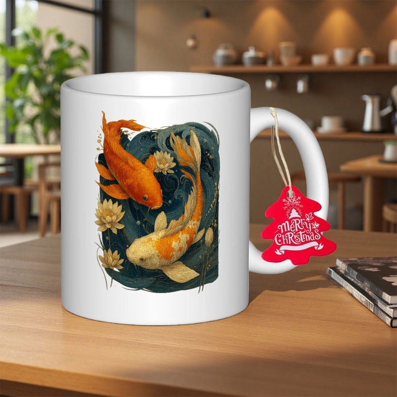 Tailorly White Ceramic 11 oz Mug - Merry Christmas Elegant Orange And Spotted Fish Gliding Amidst Golden Blossoms In Deep Pond Koi Fish