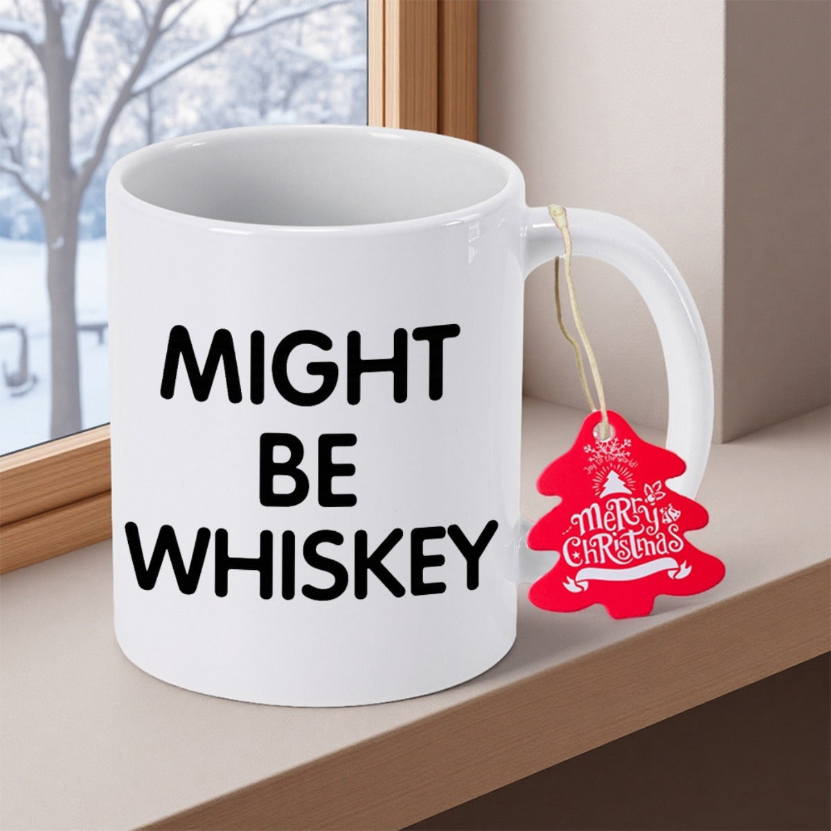 Tailorly White Ceramic 11 oz Mug - Might Be Whiskey Minimalist White Ceramic Vessel Resting Near Snowy Winter Landscape Mug
