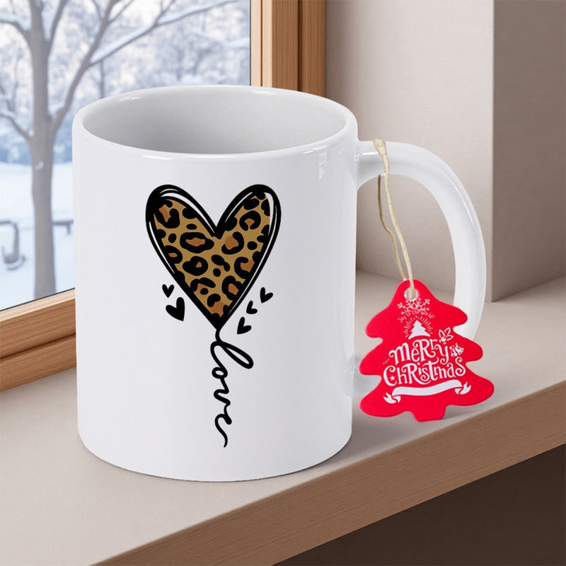Tailorly White Ceramic 11 oz Mug - Love Merry Christmas Stylish Leopard Print Pattern With Artistic Script Lettering And Small Accent Heart
