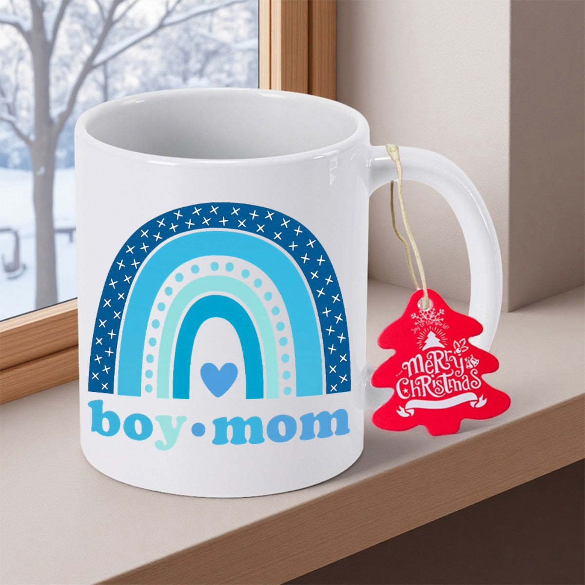 Tailorly White Ceramic 11 oz Mug - Boy Mom Merry Christmas Stylized Bohemian Style Rainbow With Decorative Blue Patterns And Heart Rainbow