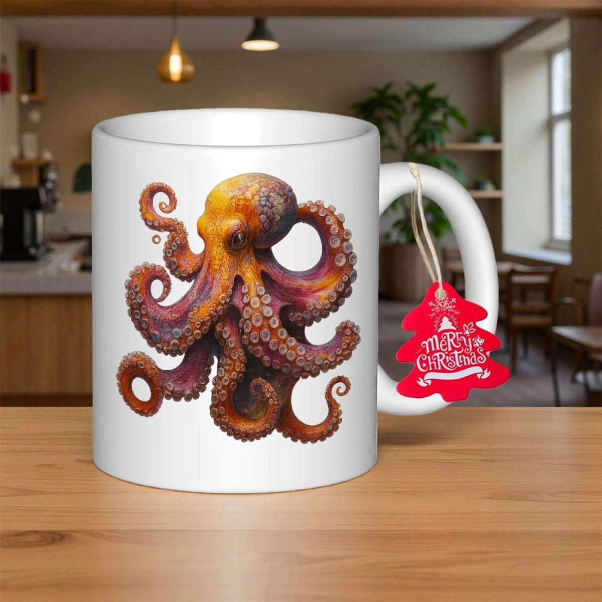 Tailorly White Ceramic 11 oz Mug - Merry Christmas Vivid Orange And Purple Tentacles Stretching Across A Pristine White Surface Octopus