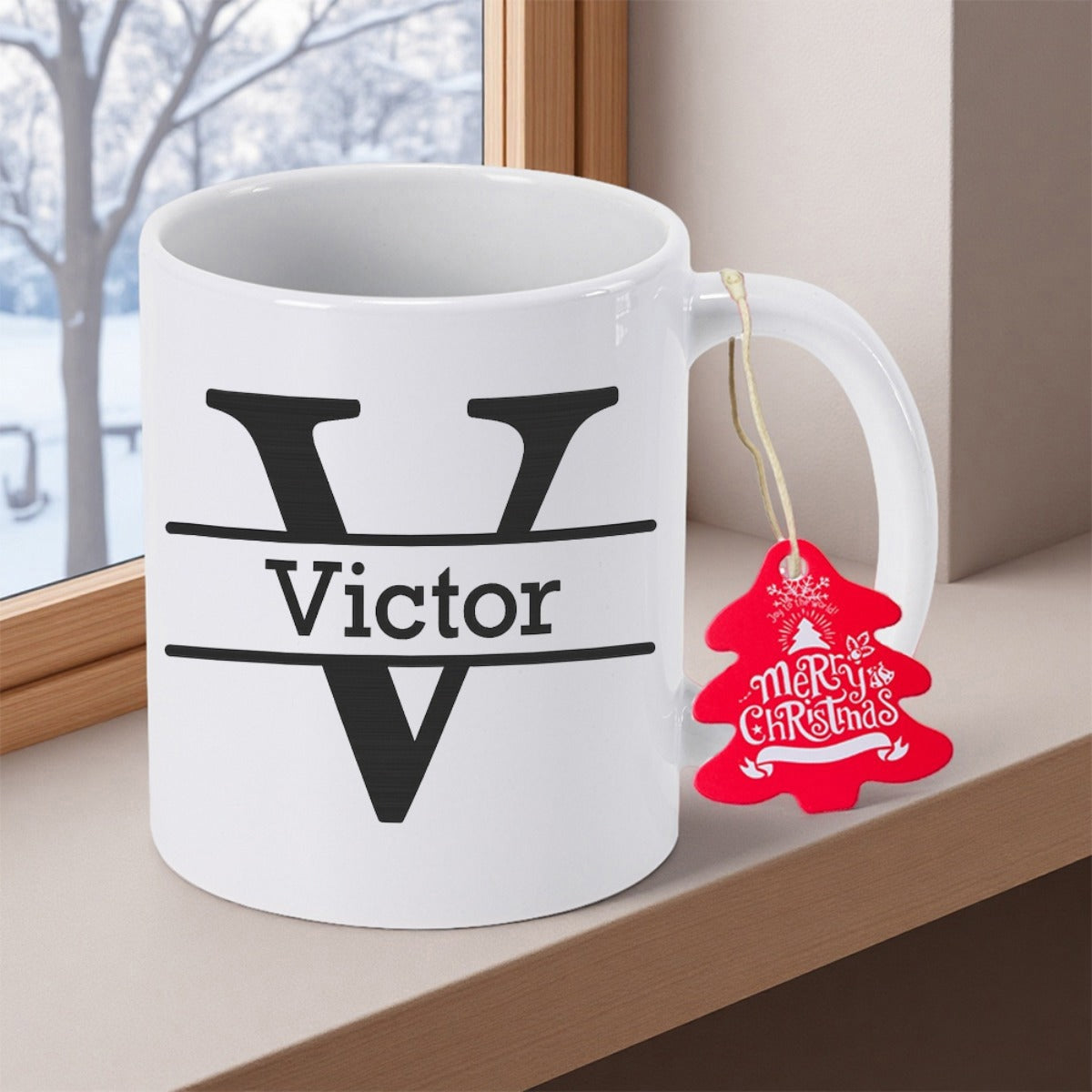 Tailorly White Ceramic 11 oz Mug - Victor Merry Christmas Monogram Letter With Personalized Name Plate On Smooth