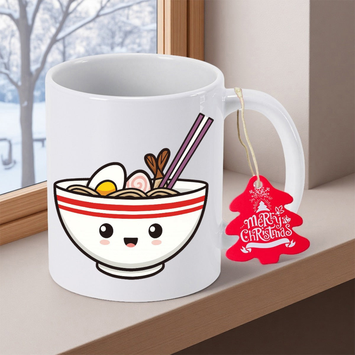 Tailorly White Ceramic 11 oz Mug - Merry Christmas Cute Smiling Kawaii Ramen Bowl Filled With Delicious Toppings And Chopsticks Ramen