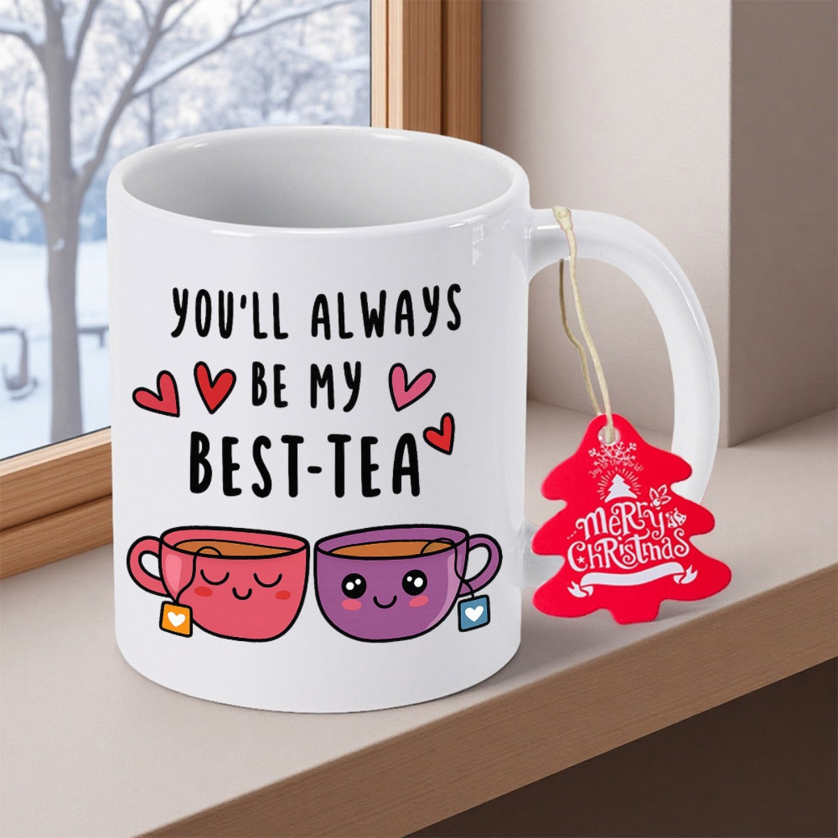 Tailorly White Ceramic 11 oz Mug - Youll Always Be My Best Tea Adorable Kawaii Style With Tiny Hearts Floating In The Air Teacup