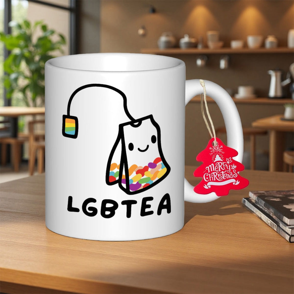 Tailorly White Ceramic 11 oz Mug - Lgbtea Cute Cartoon Smiling Character With Colorful Rainbow Hearts Pattern Tea Bag