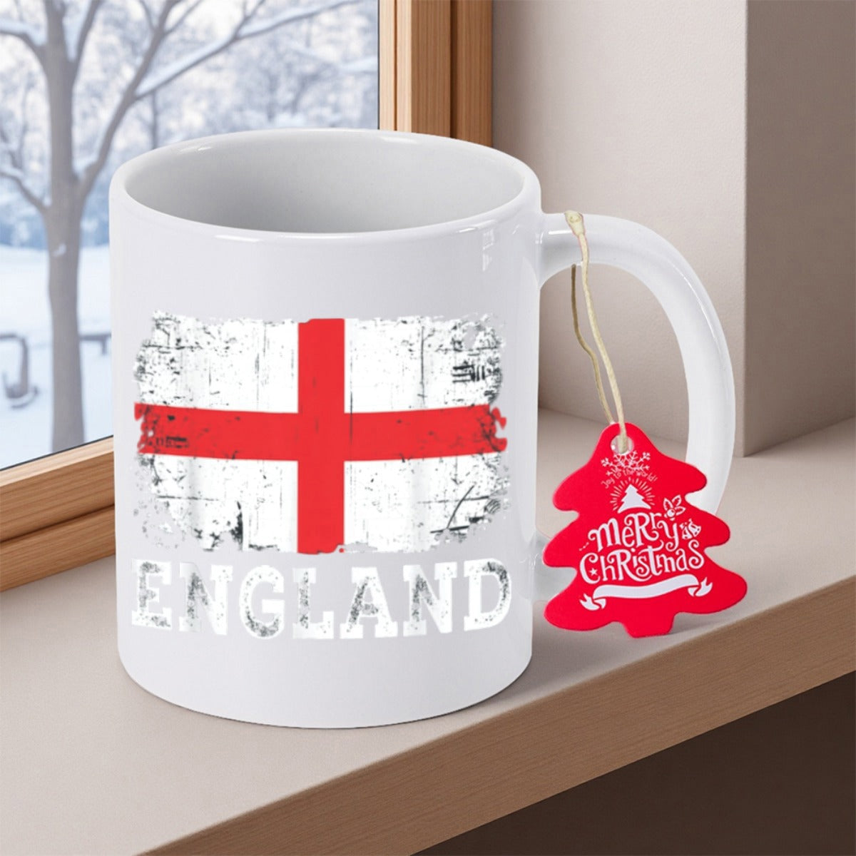 Tailorly White Ceramic 11 oz Mug - England Merry Christmas Distressed Vintage Style National Flag Of England Mug