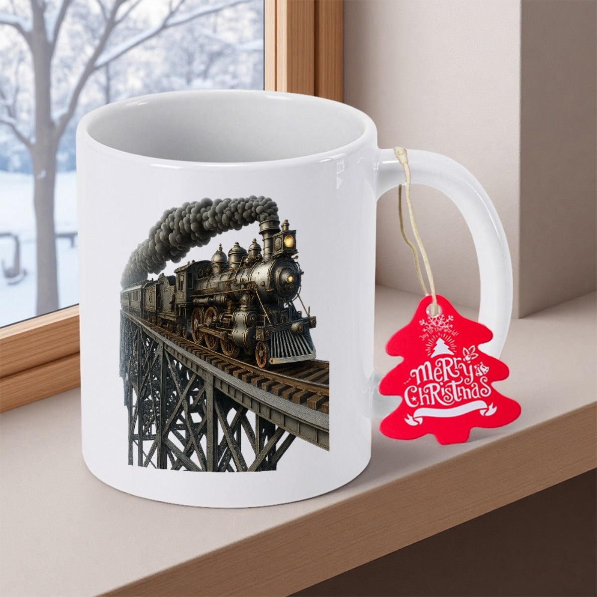 Tailorly White Ceramic 11 oz Mug - Classic Vintage Steam Locomotive Puffing Dark Smoke Along Iron Trestle Bridge Train
