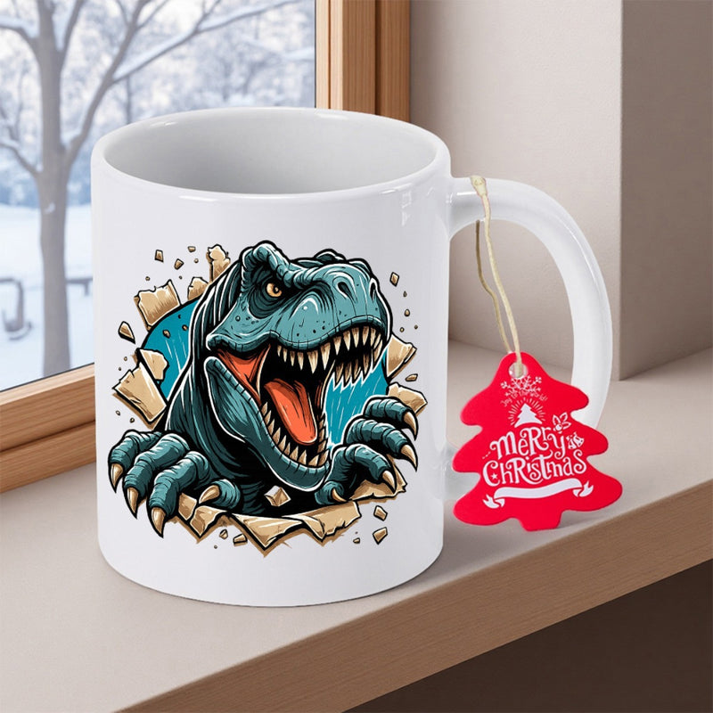Tailorly White Ceramic 11 oz Mug - Merry Christmas Powerful Fierce Tyrannosaurus Rex Breaking Through A Cracked Stone Wall Dinosaur