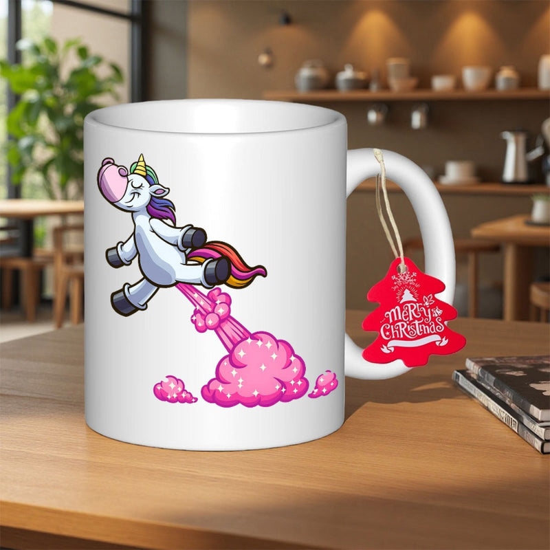 Tailorly White Ceramic 11 oz Mug - Merry Christmas Whimsical Cartoon Character Jumping Over A Fluffy Pink Cloud Unicorn