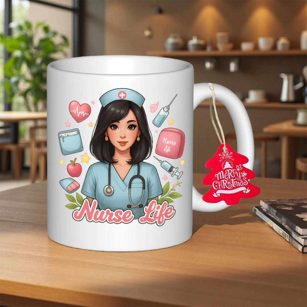 Tailorly White Ceramic 11 oz Mug - Nurse Life Charming Character Surrounded By Medical Icons And Soft Healing Foliage Nurse