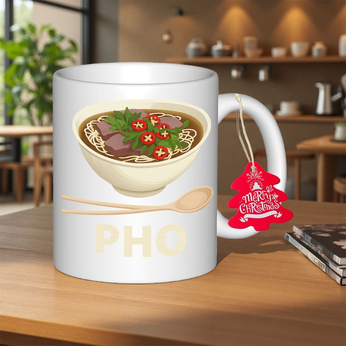 Tailorly White Ceramic 11 oz Mug - Pho Steaming Hot Bowl Of Hearty Vietnamese Beef Noodle Soup Pho