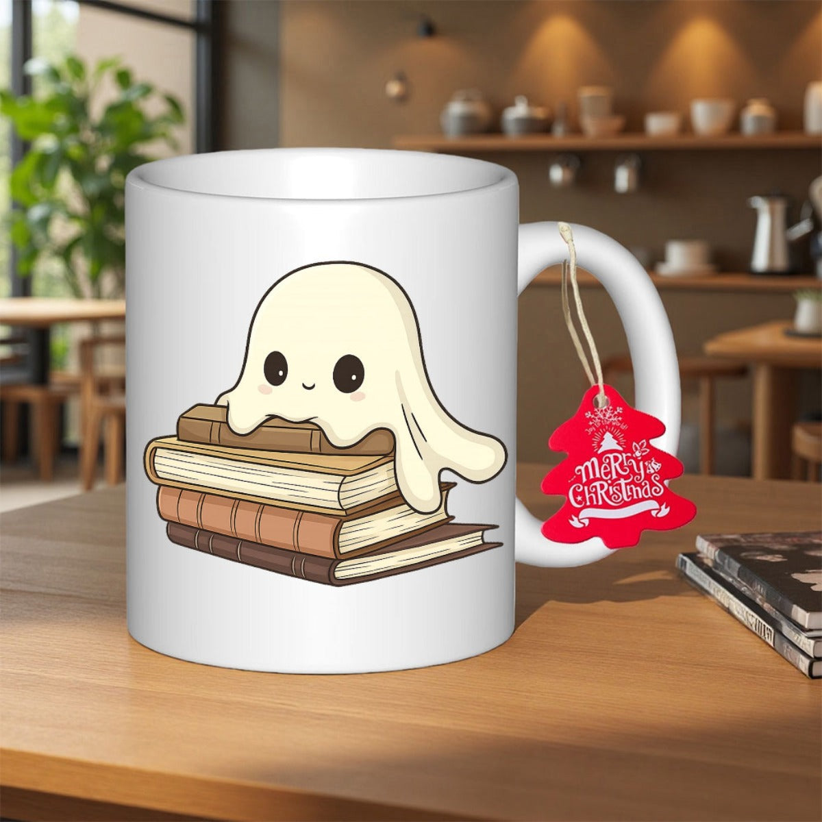 Tailorly White Ceramic 11 oz Mug - Merry Christmas Adorable Little Ghost Resting Peacefully On A Stack Of Old Books Ghost
