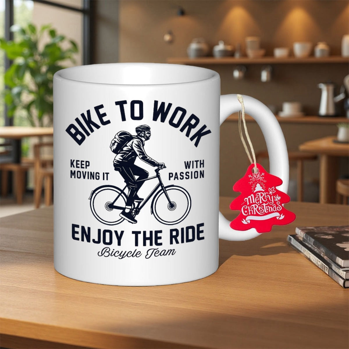 Tailorly White Ceramic 11 oz Mug - Bike To Work Keep Moving It With Passion Enjoy The Ride Bicycle Team Minimalist Black Line Illustration Of A Determined Commuter