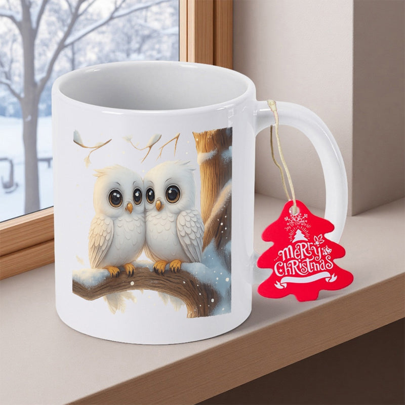 Tailorly White Ceramic 11 oz Mug - Merry Christmas Two Adorable White Owls Sitting Together On A Frosted Winter Tree Branch Owl