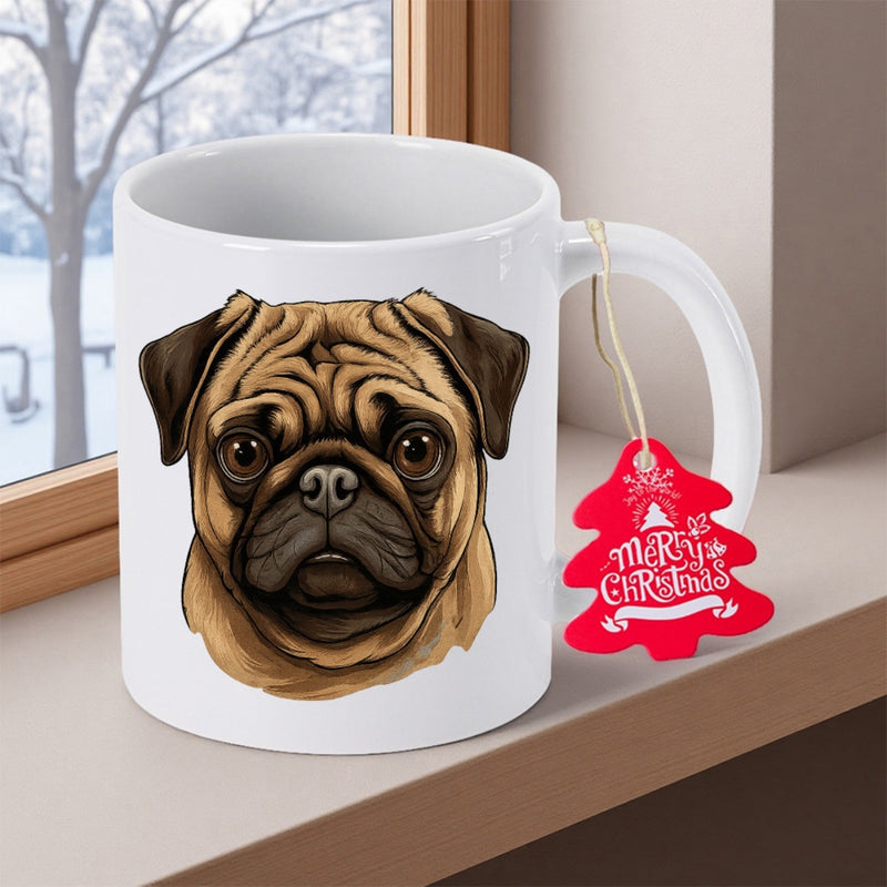 Tailorly White Ceramic 11 oz Mug - Merry Christmas Detailed Hand Drawn Furry Portrait Of A Loyal Dog Pug