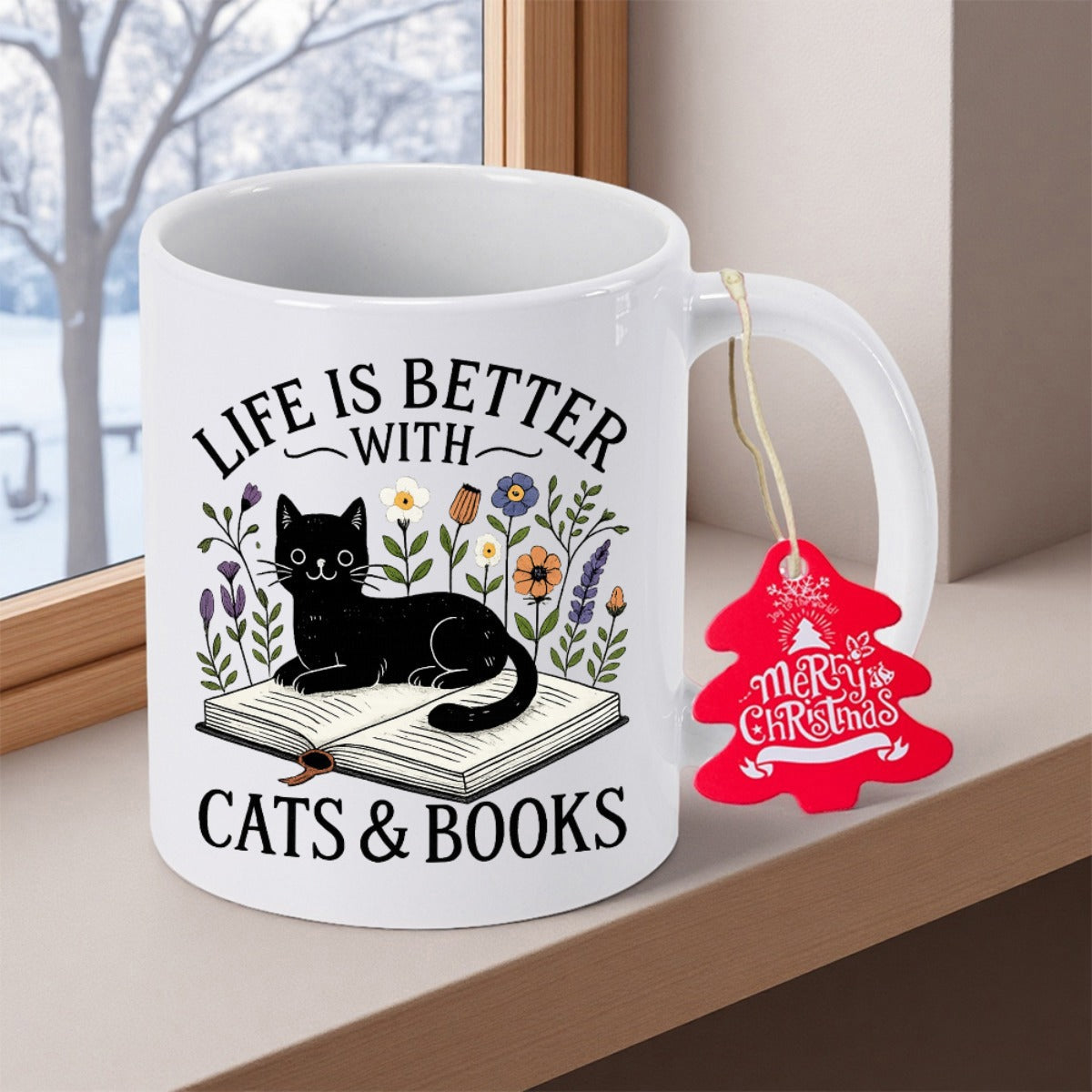 Tailorly White Ceramic 11 oz Mug - Life Is Better With Cats Books Adorable Black Cat Resting On Open Book Among Colorful Wildflowers Cat