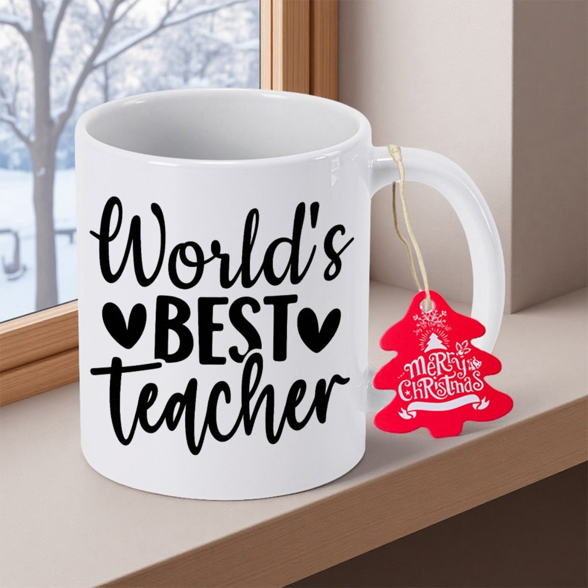 Tailorly White Ceramic 11 oz Mug - World's Best Teacher Merry Christmas Polished With Hearts And Festive Tag Mug