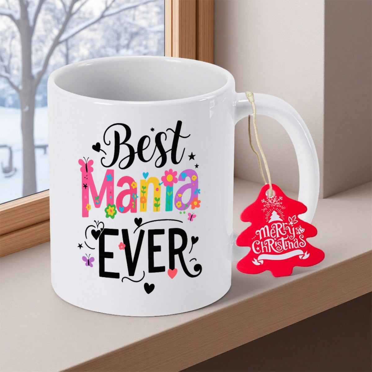 Tailorly White Ceramic 11 oz Mug - Best Mama Ever Merry Christmas Colorful Typography With Hearts And Flowers On A