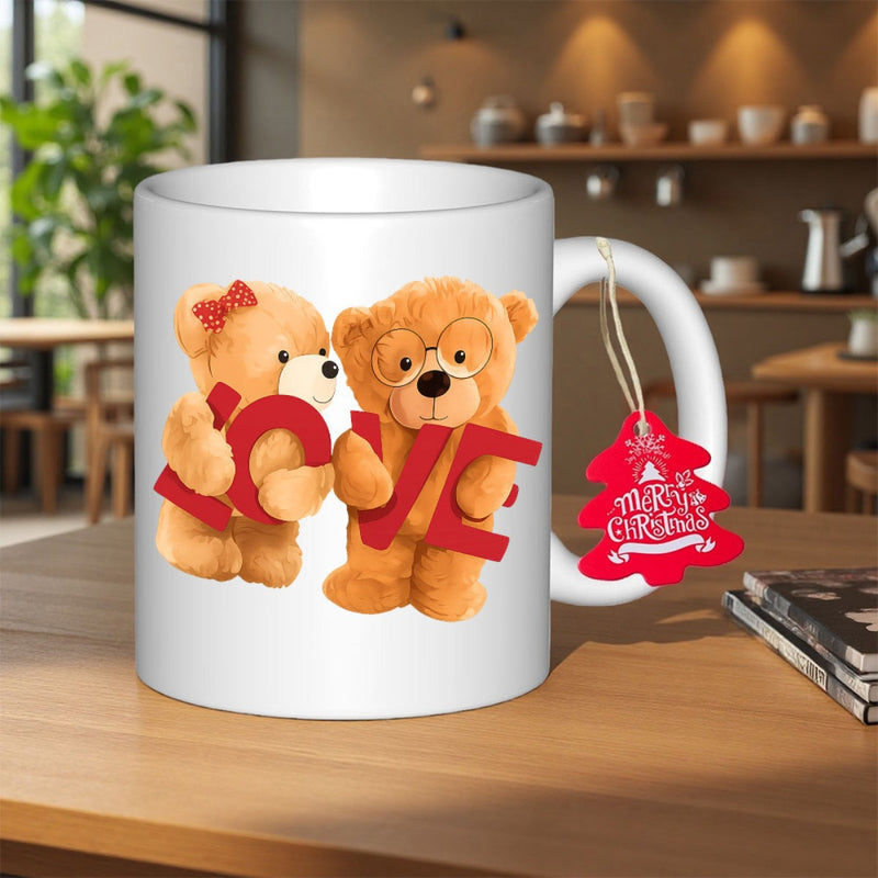Tailorly White Ceramic 11 oz Mug - Love Two Adorable Cuddly Brown Stuffed Animals Holding A Large Red Sign Bear